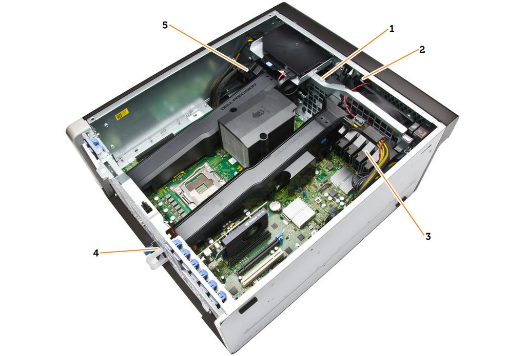 Figura3. Vista interior do computador T7910 1. ventoinhas do sistema 2. altifalante 3. retenção da placa PCIe 4. unidade da fonte de alimentação 5.