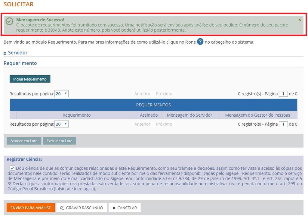 ENVIAR PARA ANÁLISE : Após a confirmação de envio, surgirá uma