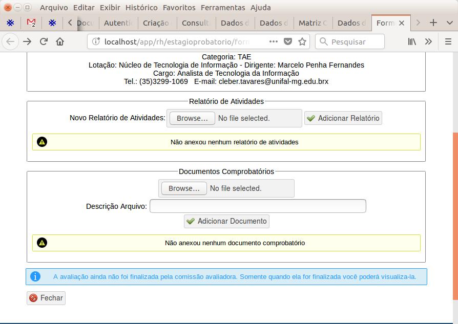 Ao clicar sobre uma avaliação da tabela apresentada, uma tela com os dados da respectiva avaliação é apresentada.