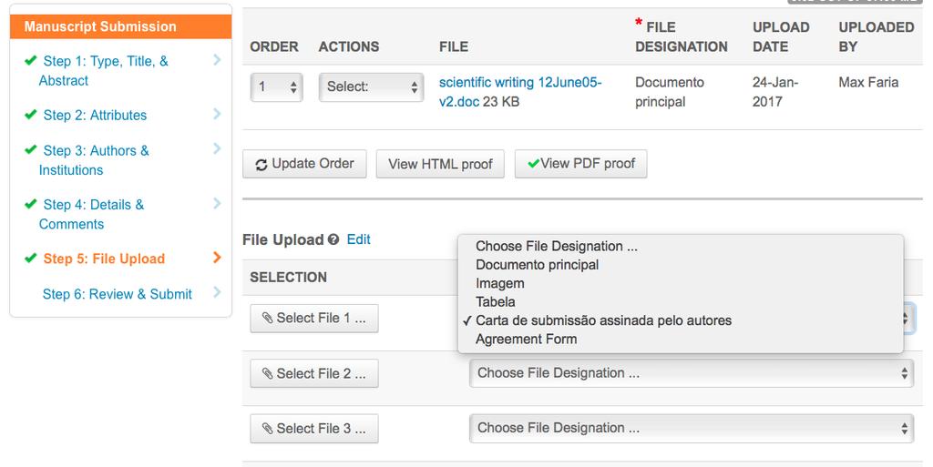 Além de selecionar os arquivos, é necessário clicar em Upload Selected File para enviá-los. O sistema promove o envio de cinco arquivos por vez, mas é possível anexar outros arquivos após o Upload.