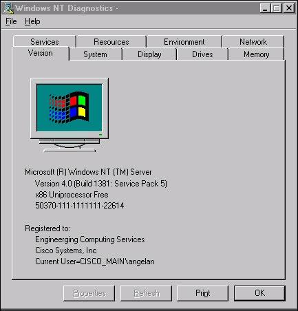 Para Microsoft Windows NT, a caixa de diálogo dos diagnósticos aparece:figura 5 Caixa de diálogo dos diagnósticos do Windows NT Clique na guia Version.