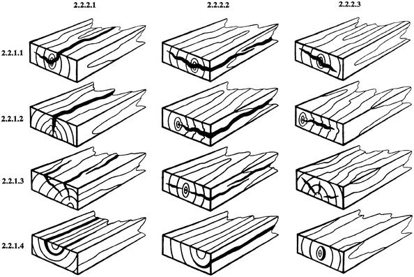 2.2.1.3 Fendas de retirada) Rachaduras aparecendo na madeira cortada e orientadas ao longo de um plano radial (Fig. 2). 2.2.1.4 E deslizamentos Destacamento entre as camadas anuais, localizado no cerne e tendo uma extensão significativa ao longo da peça (Fig.
