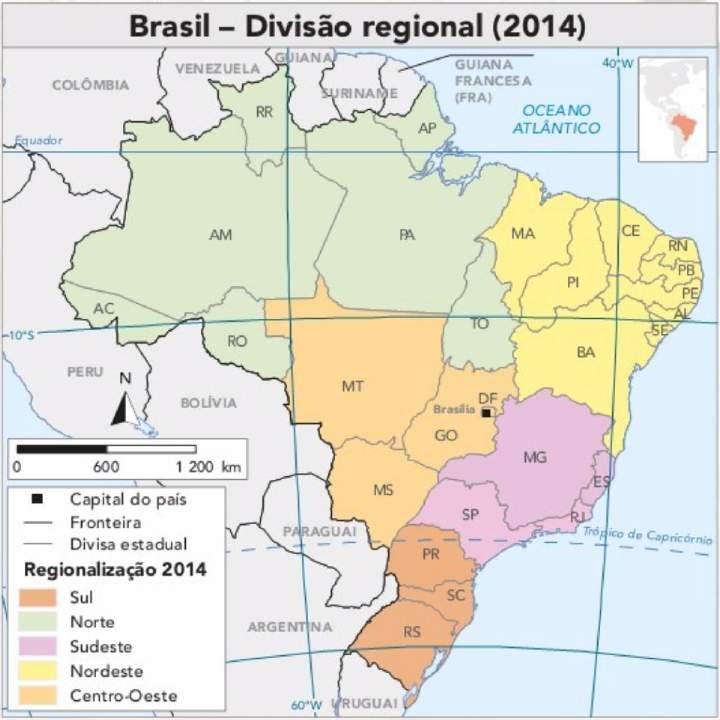 Divisão Atual 27 unidades federativas(26 e DF) Segundo IBGE, cinco regiões: Norte - Acre, Amazonas, Pará, Rondônia, Roraima, Amapá e Tocantins), Nordeste - Maranhão, Piauí, Ceará, Rio Grande do