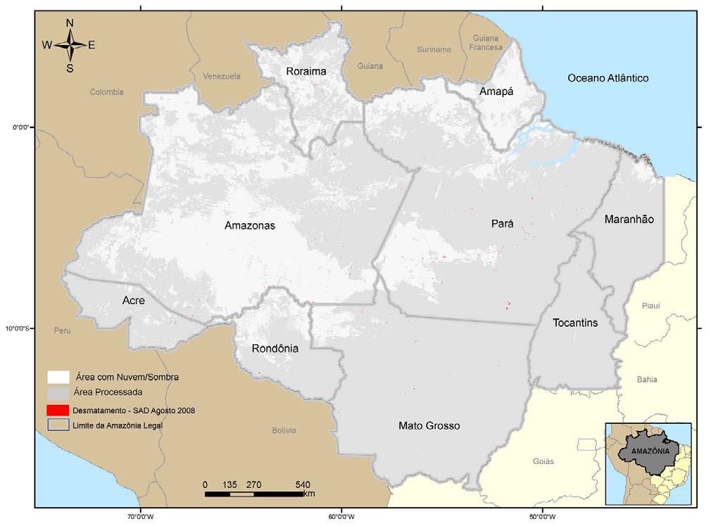 Cobertura de Nuvem e Sombra Em agosto de 2008, cerca de 36% do território da Amazônia estava coberto por nuvens e com isso não foi possível obter imagens de satélite MODIS para essas áreas.