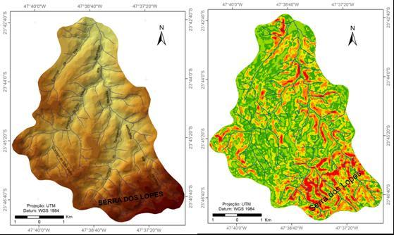 Mapa 01 (hipsometria) Mapa 02 (declividade) LEGENDAS Hipsometria (metros) Declividade (%) Figura 2: Mapas hipsométrico (1) e de declividade