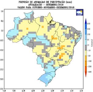 8.3. Prognóstico climático por região para o período outubro, novembro e dezembro/2018 Figura 1 - Previsão de anomalias de precipitação e temperatura média do ar do modelo estatístico do Inmet para o