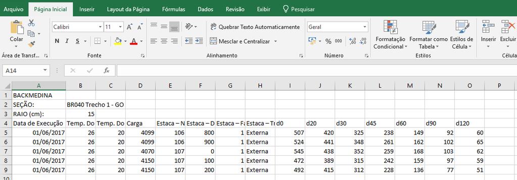 coluna F, complemento da estaca em metros, coluna G, faixa do pavimento que ocorreu o ensaio, coluna H, trilha do pavimento que ocorreu o ensaio, e colunas I a Q, dados da bacia levantados por FWD.