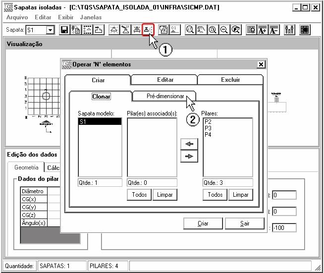 (1) Clique no ícone, Definir dados para pré-dimensionamento ; Aparecerá a tela onde vamos preencher os dados necessários para pré-dimensionar as sapatas.