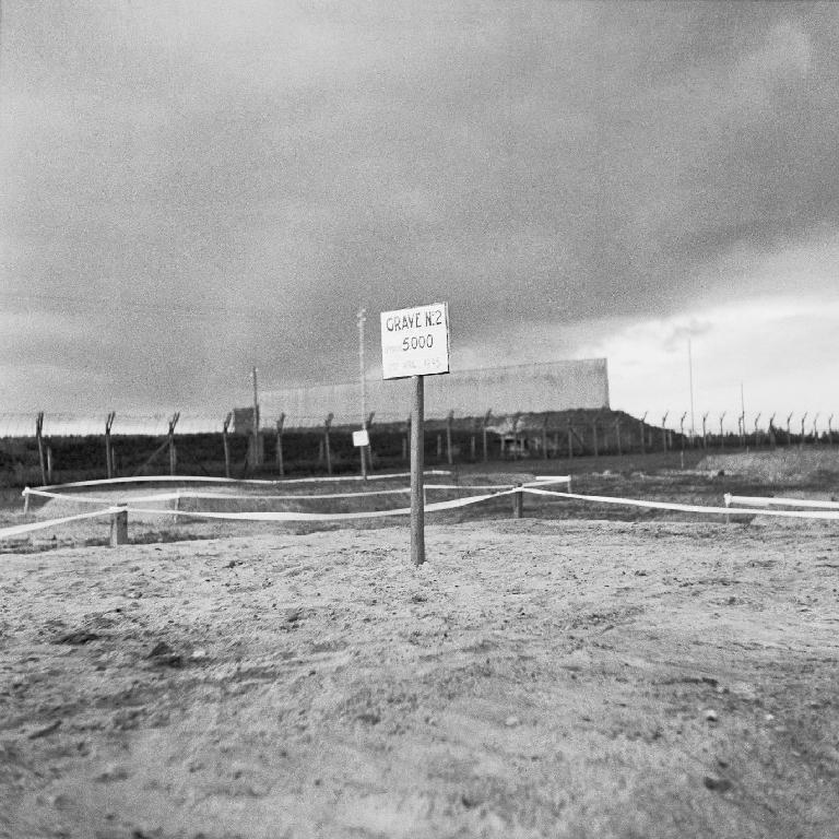 Vítimas de campos de morte Fotografia de uma vala comum (Campo de Bergen-Belsen Camp, Alemanha, 1945). No letreiro, pode ler-se «Sepultura n.º 2: aqui jazem 5.000 pessoas».