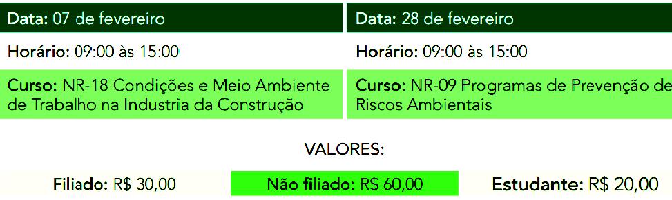 A ESTÃO ABERTAS AS INSCRIÇÕES PARA OS CURSOS DE CURTA DURAÇÃO DO SINTEST-MG diretoria do SINTEST-MG, comprometida com a formação continuada dos técnicos de segurança do trabalho do Estado, abre as