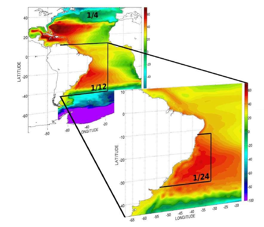 Figura 8: Domínios das simulações numéricas de ¼, 1/12, 1/24º. A de ¼ considerou todo o oceano Atlântico, a de 1/12, parte do Atlântico Sul e a de 1/24, parte da costa do Brasil.