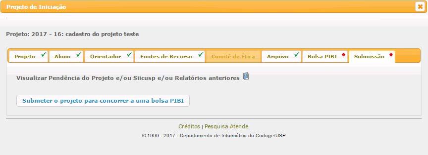 8. Aba Submissão Caso haja pendências em relação à entrega de relatórios ou apresentações no SIICUSP de vigências anteriores, a submissão do projeto não será permitida.