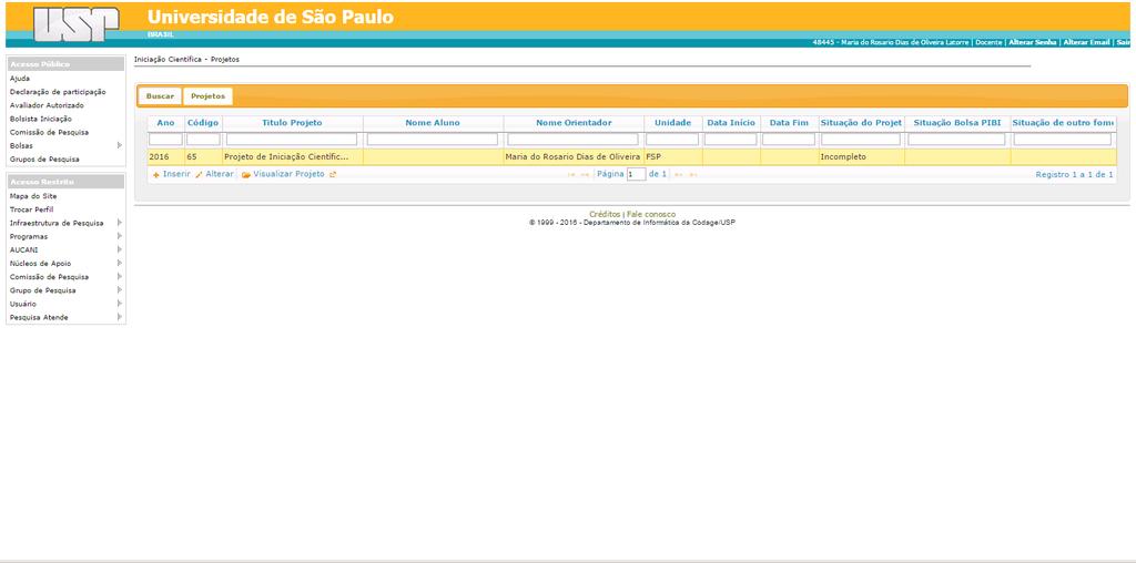 1. Aba Projeto O projeto está criado, porém não está inscrito.