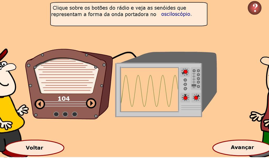 6. O usuário deve clicar novamente sobre as setas (botões) do rádio e observar as alterações que ocorrem no osciloscópio, conectado a ele.