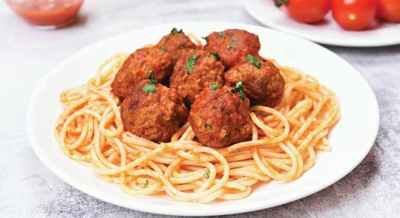 35 MAIN COURSE CHICKEN MEAT BALLS WITH SPAGHETTI Ingredients: 1 pack A Saffa Chicken Meat Balls 1 tbsp oil Onion and garlic, chopped Tomatoes Bay leaves Black pepper, freshly ground Basil sprig