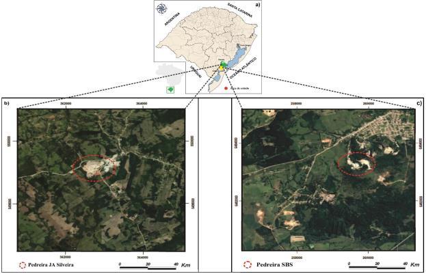 e 228 Km da capital do estado, Porto Alegre (Fig. 1). O principal acesso à pedreira é feito partindo da cidade de Pelotas pela BR-116 percorrendo 6 Km a sudoeste, desde o entroncamento com a BR-392.