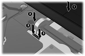 4. Coloque a cobertura superior (1) no computador e, em seguida, insira o cabo do TouchPad (2) no conector ZIF (3)
