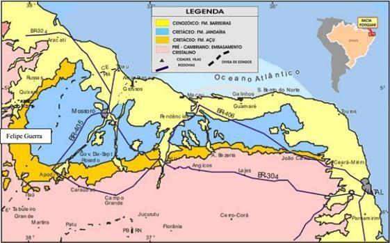 Figura 5.3: Mapa geológico simplificado da Bacia Potiguar. Fonte: Castro (2007). A Bacia é divida em três grandes grupos. Da base para o topo temos o grupo Areia Branca, Apodi e Agulha.