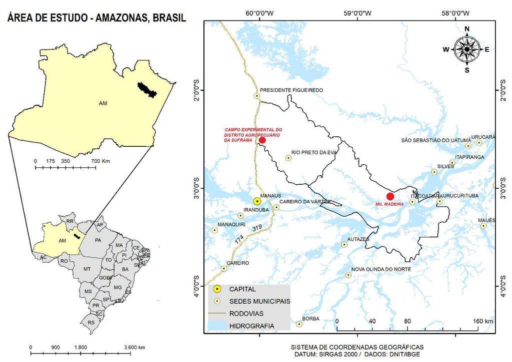 Figura 1. Localização das áreas de estudo: Campo Experimental do Distrito Agropecuário da Suframa (CEDAS), pertencente à Embrapa Amazônia Ocidental.