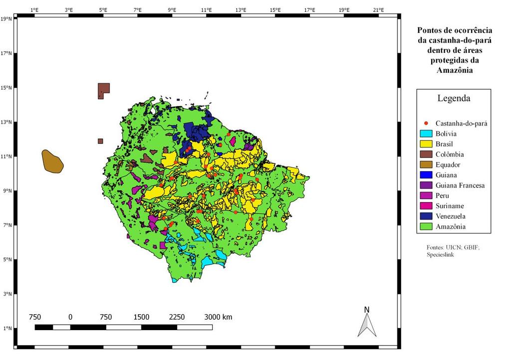 Figura 1 Mapa apresentando os pontos de ocorrência da castanha-do-pará dentro de áreas protegidas da Amazônia 3 Resultados e discussão O Quadro 1 mostra o número de pontos de ocorrência da