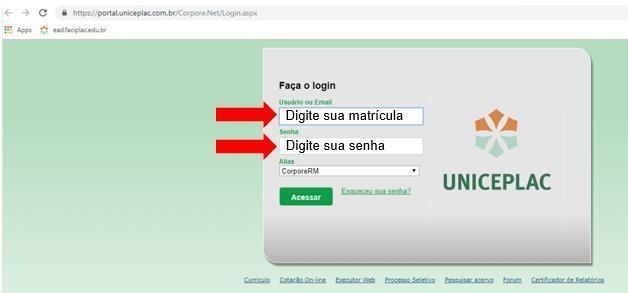 Após clicar em área do professor, faça o login inserindo sua matrícula ou e-mail institucional e