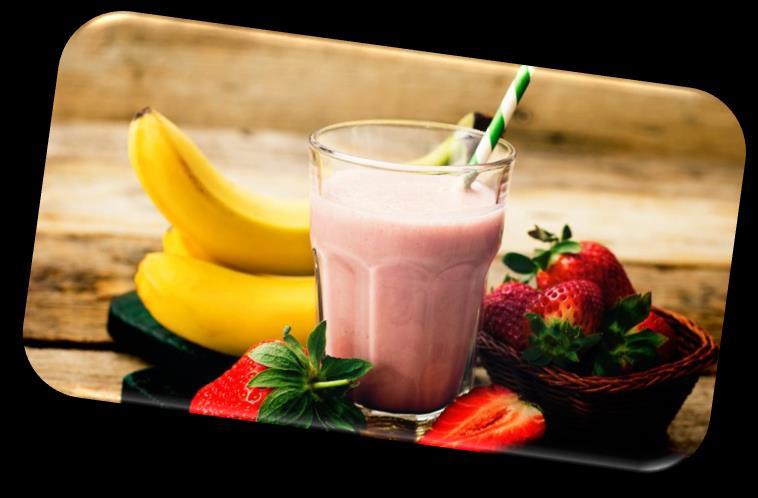 Vitamina de Morango e de Banana 6 colheres de bebida de soja (pó) com sabor de morango ou banana 8 unidades de morangos frescos ou 2