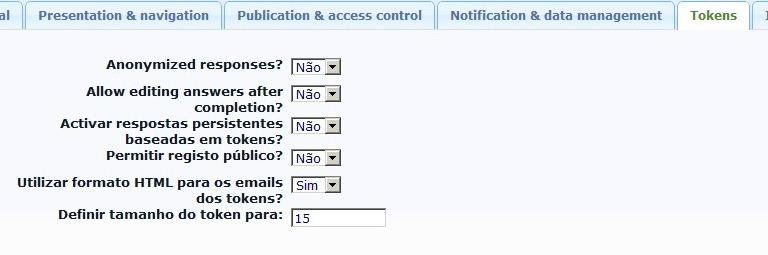 Criação de um questionário - Separador de tokens, importar e copiar Neste ecrã define-se se o inquérito a realizar permite ou não respostas anónimas, se permite editar as respostas por