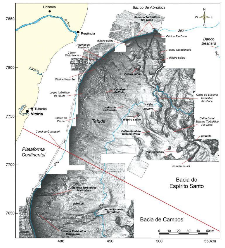 15 Figura 10: Modelo digital com os nomes das principais feições geomorfológicas do fundo oceânico do centro-sul da Bacia do Espírito Santo e norte da Bacia de Campos (Schreiner et al., 2009).