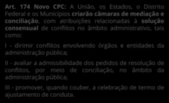 administrativo, tais como: I - dirimir conflitos envolvendo órgãos e entidades da administração pública; II - avaliar a admissibilidade dos pedidos de resolução de conflitos, por meio de conciliação,