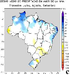 Destacam-se também os desvios negativos no verão entre a Bahia, Tocantins, Goiás e Minas Gerais.