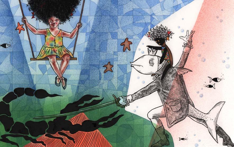 Fig. 17: Alexandre Guedes. Ilustração relativa às páginas 28 e 29 para A Menina, o Riacho e o Príncipe, 2018.