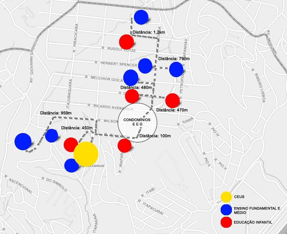 Figura 15- Localização de equipamentos educacionais no entorno dos Condomínios de Paraisópolis Fonte: Mapa digital da Cidade de