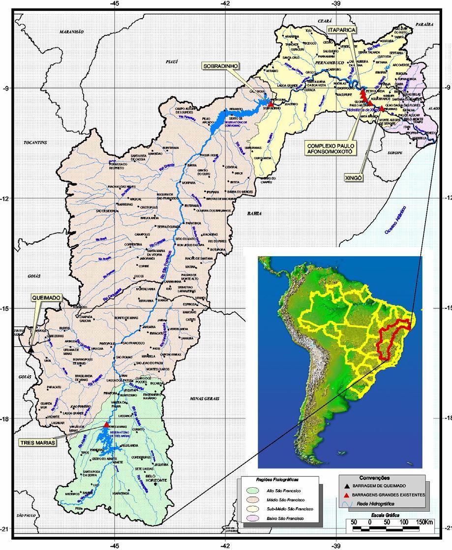 A Bacia Hidrográfica do Rio São Francisco 2.700 km de extensão descarregando uma média de 2.810 m³/s no Oceano Atlântico terceiro maior rio do Brasil drena uma área de 639.