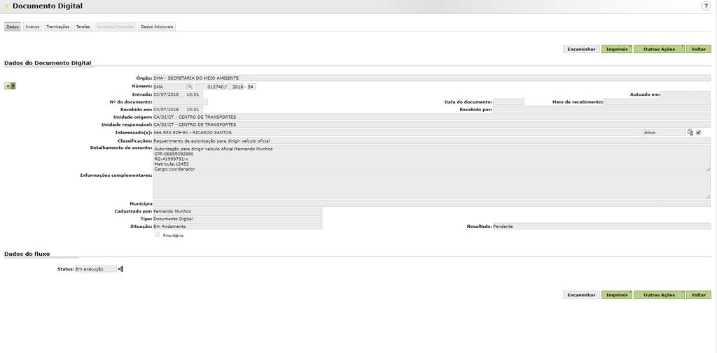 Será apresentada a tela de dados do processo/documento, você poderá ver os dados básicos de cadastro,