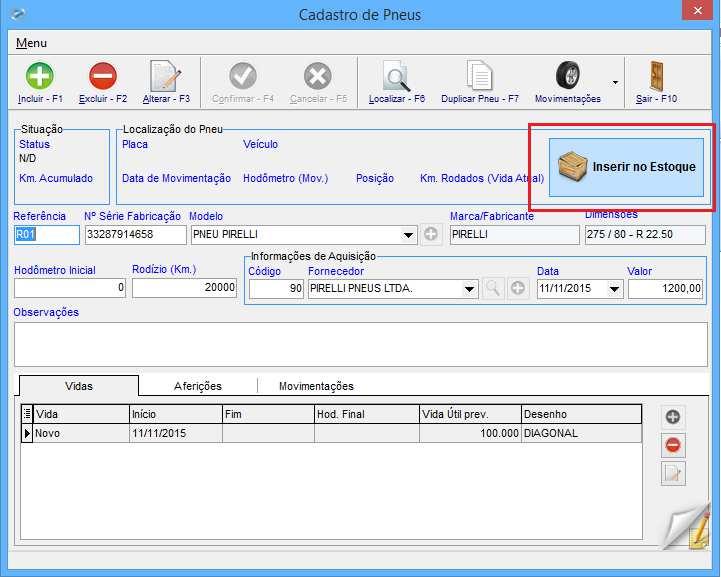 Para fazer o Vinculo do Pneu diretamente ao Veículo entrará na tela de Movimentação de Pneu, como explicaremos mais adiante.
