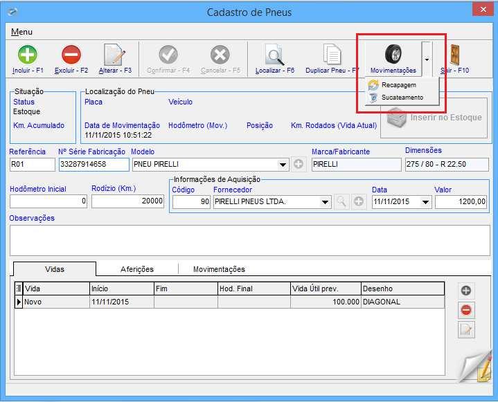 Na parte Superior da tela de cadastro de pneus terá um botão Movimentações onde aparecerão duas