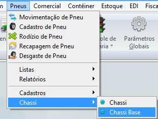 Cadastros Cadastro de Chassi base. Para entrar na tela de Cadastro de Chassi, segue o caminho:pneus > Chassi > Chassi Base.