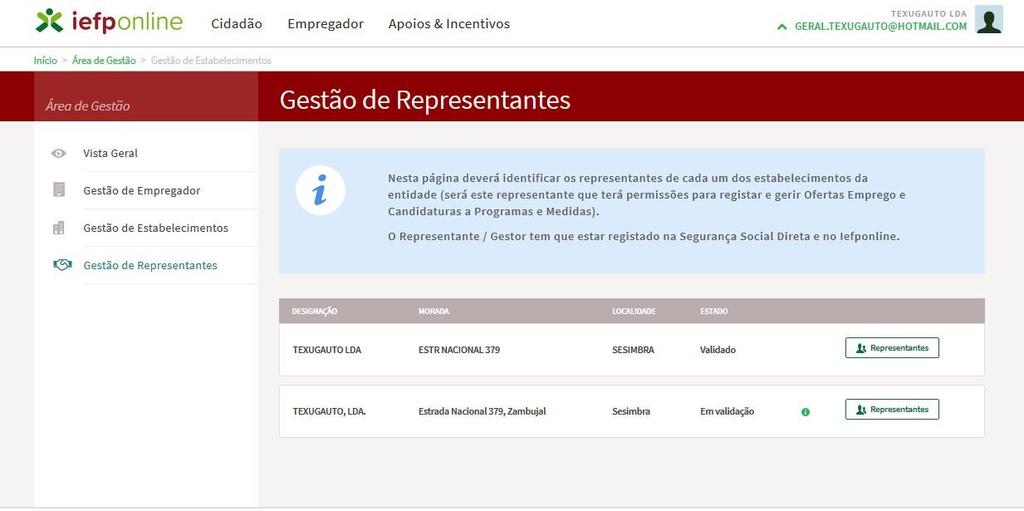 Após autenticação visualiza a página Vista geral, na qual deve escolher a opção Gestão de representantes : Figura 48 Na página da Gestão de