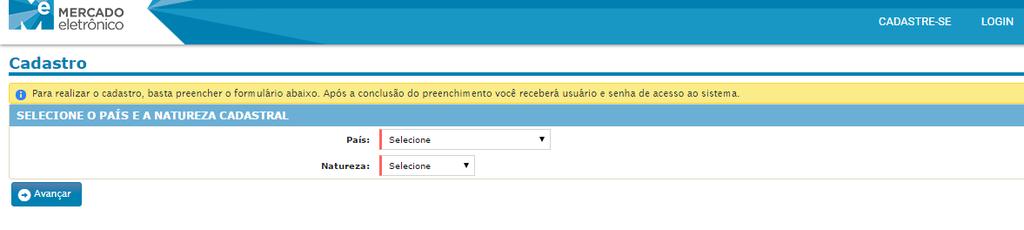 2 etapa: Selecione o País e Natureza (pessoa física ou