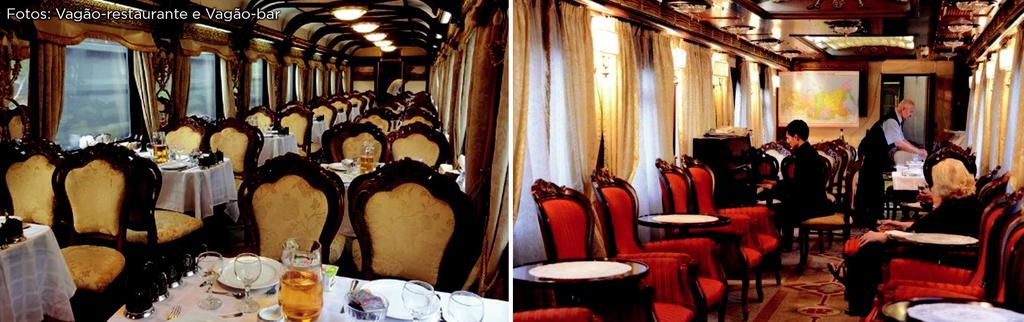 VAGÕES-RESTAURANTE Vagões-restaurantes nos quais são servidos café da manhã, almoço e jantar como parte do serviço de pensão completa para todos os passageiros do Grande Expresso Transiberiano.