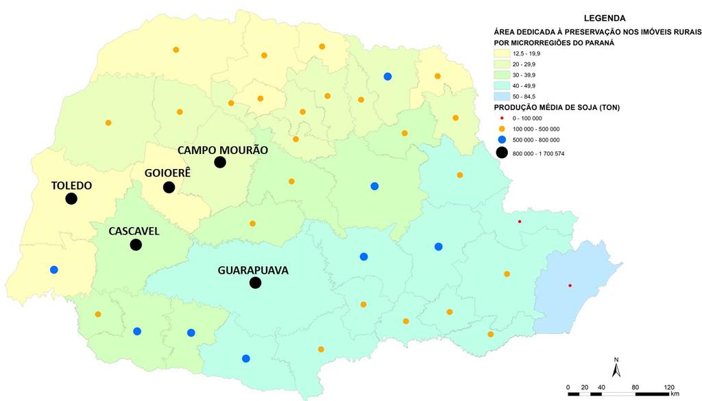 PRODUÇÃO DE SOJA X ÁREAS DEDICADAS À PRESERVAÇÃO NOS IMÓVEIS POR MICRORREGIÕES DO PARANÁ Vilela et al.