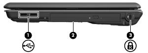 Componentes do lado direito Componente Descrição (1) Portas USB (2) Permite ligar dispositivos USB opcionais. (2) Unidade óptica Lê discos ópticos e, em alguns modelos, também grava em discos ópticos.