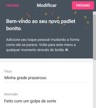 Adicione o título e a descrição; selecione o papel de parede; escolha um ícone que simbolize o assunto do seu mural; decida se pretende que as mensagens