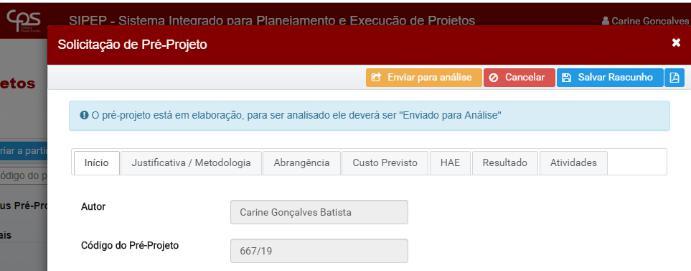 No pré-projeto são informados todos os dados de projetos,