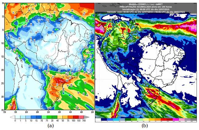 A figura 2 mostra as previsões de precipitação feitas pelos modelos ETA (CPTEC/INPE/ONS), figura 2a, e COSMO (INMET), figura 2b, para semana operativa de a 7 de julho.