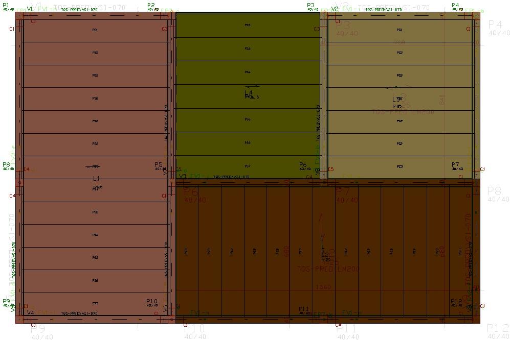 (1) Posicione o cursor acima do canto superior esquerdo do pavimento; (2) Aperte a tecla <W>, para fazermos a seleção através de uma janela; (3) Clique abaixo do pilar P10; (4) Clique na tecla