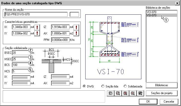 (2) Ative o item "Sim" para definir a viga como pré-moldada; (3) Clique no botão "Seção catalogada" para acessarmos a biblioteca de seções de vigas.
