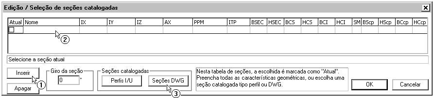 (1) Clique na pasta "Seção/Carga"; (2) Clique na pasta "Pré-fabricada"; (3) Clique no botão "Alterar".