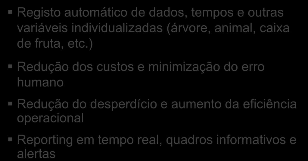 Onde RFID AGROALIMENTAR Registo automático de dados, tempos e outras variáveis individualizadas (árvore, animal, caixa de fruta, etc.