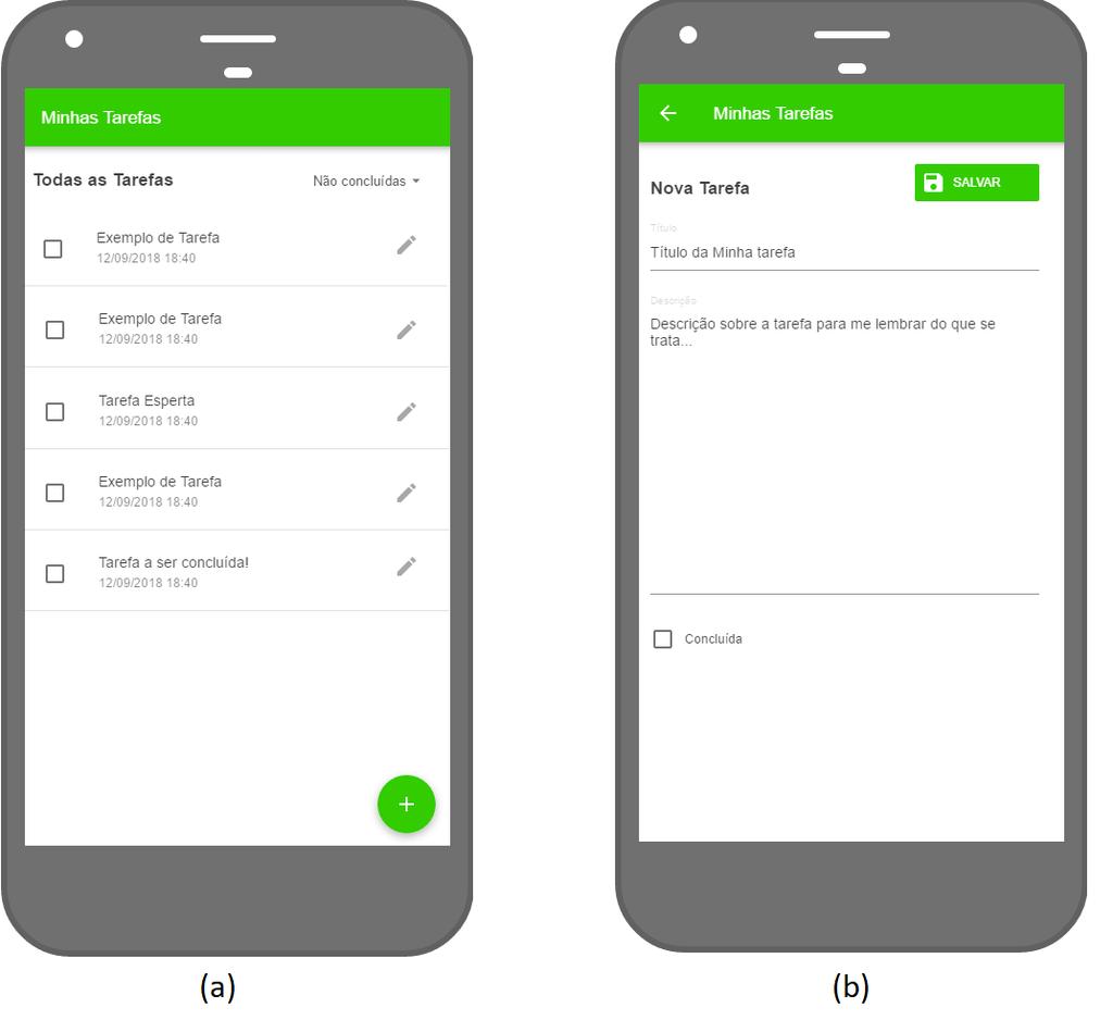 Figura 1. (a) tela que exibe todas as tarefas e (b) tela de adição/edição de tarefas. Fonte: o próprio autor.